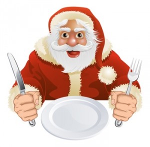 Illustration of Santa Claus seated for Christmas Dinner with empty plate and knife and fork
